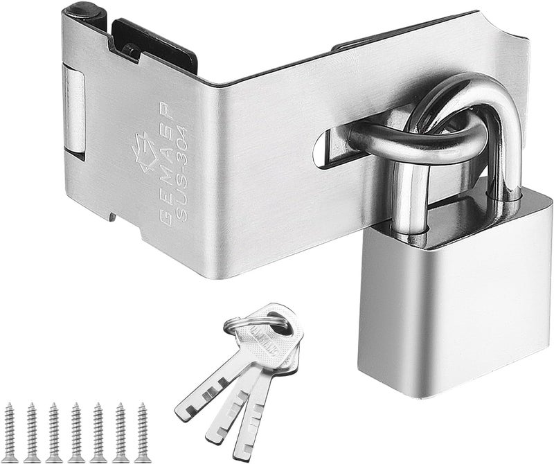 GMSP Door Lock Hasp Latch, 90 Degree Solid 304 Stainless Steel File Cabinet Hasp Lock Latch, Extra Thick Gate Lock Hasp Padlock with Keys Brushed Finish (1.96 Inch, Silver) - Image 1